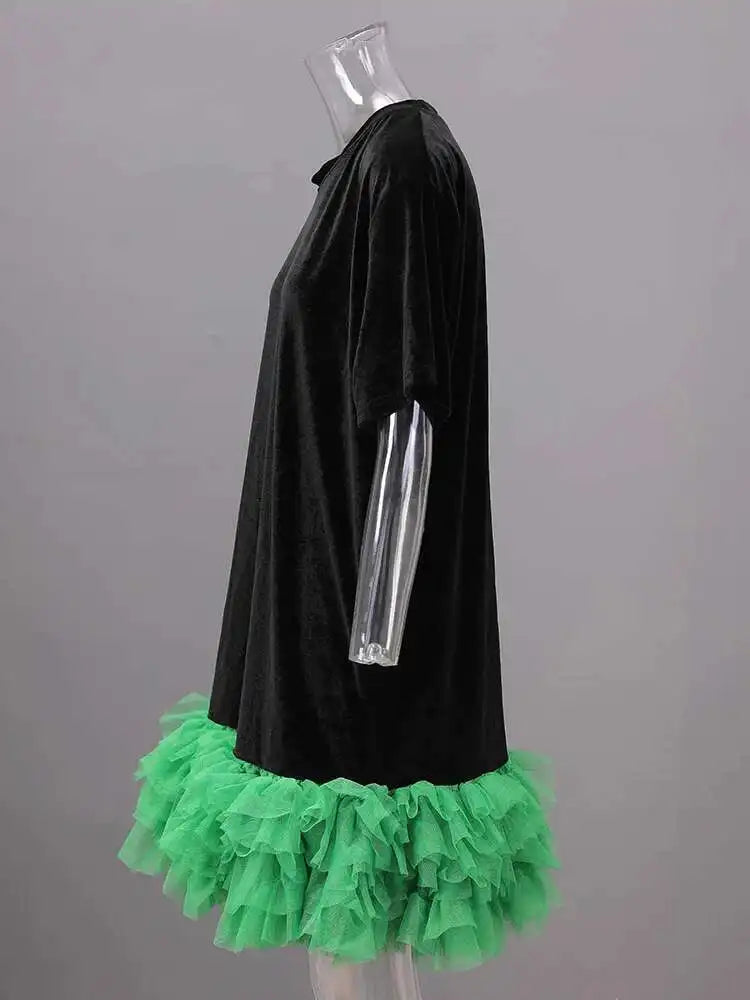 Women Green Mesh Ruffles Hem Big Size Knee-Length Dress New Round Neck Short Sleeve Fashion Spring Summer 2025 CPG2904