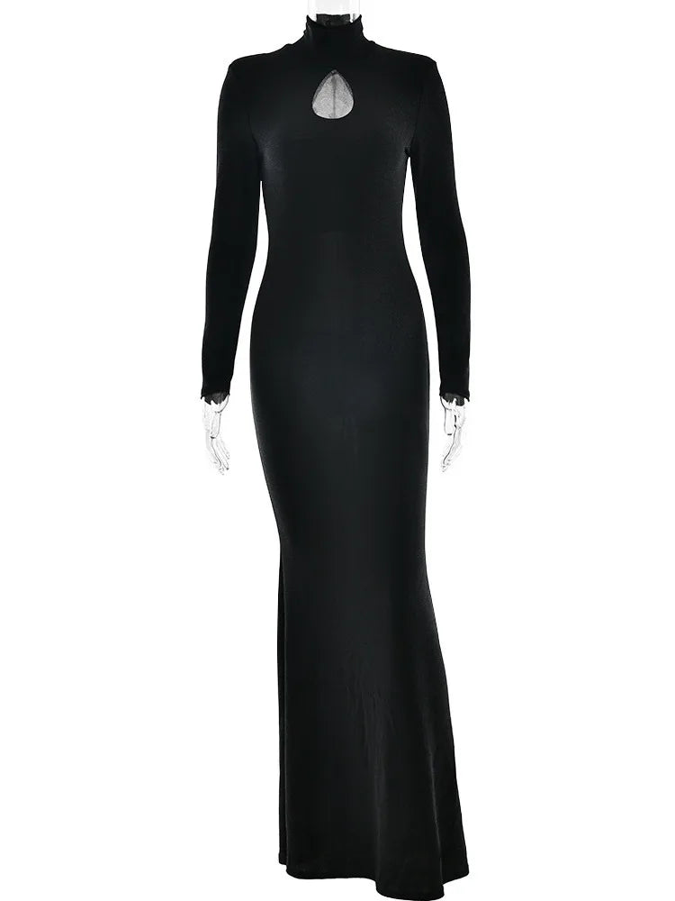 Elegant Long Sleeved Tight Hollow Out Shiny Bodycon Party Club Evening Dress 2025 Spring New Sexy Fishtail Vestidos