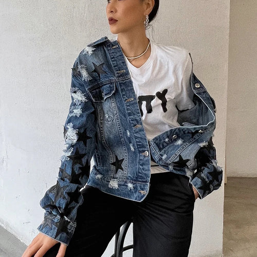 Load image into Gallery viewer, Denim Patchwork Strar Jacket For Women Lapel Long Sleeve Single Breasted Streetwear Jackets Female Fashion Clothing
