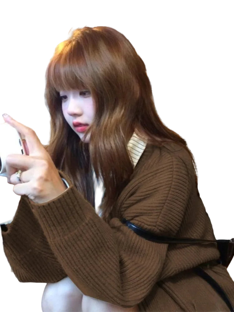 Autumn Sweet Y2k Aesthetic Casual Knitted Cardigans 2025 Grunge Gentle Solid All Match Tops Harajuku Loose V Neck Sweater Women