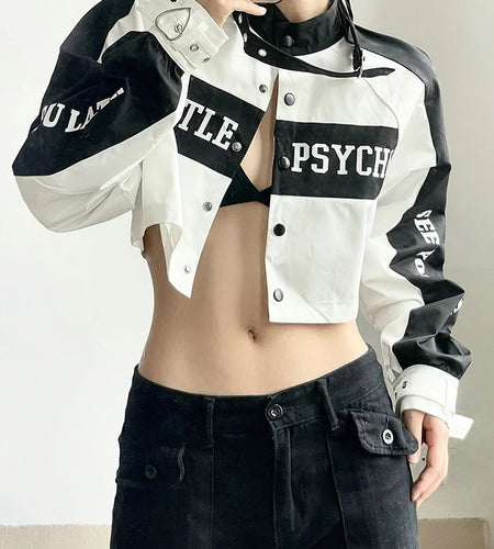 Streetwear Letter Buttons Patchwork Racing Jacket Female Autumn Coat Cropped Contrast Buckle Moto & Biker Jackets