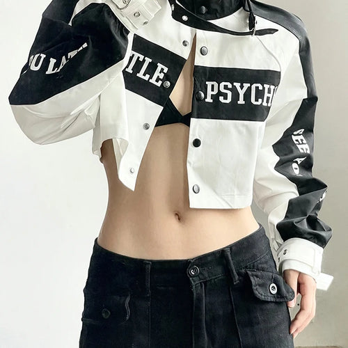 Load image into Gallery viewer, Streetwear Letter Buttons Patchwork Racing Jacket Female Autumn Coat Cropped Contrast Buckle Moto &amp; Biker Jackets
