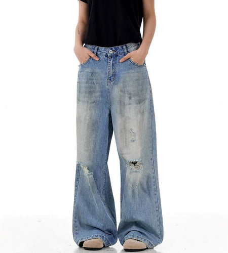 Men's Hole Jeans New American Style Distressed High Street Ripped Jeans Street Handsome Straight Wide Leg Summer 9W1719