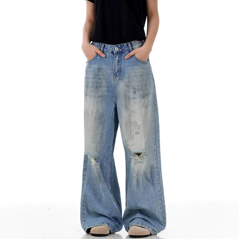 Men's Hole Jeans New American Style Distressed High Street Ripped Jeans Street Handsome Straight Wide Leg Summer 9W1719