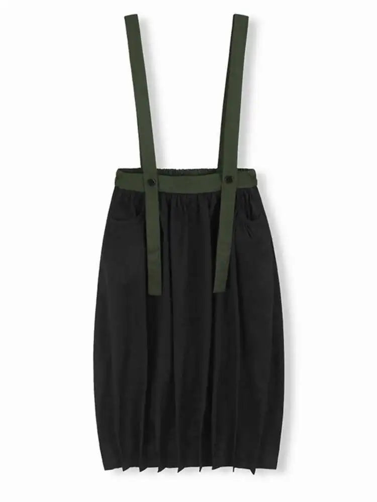 High Elastic Waist Black Green Color-block Pleated Strap Half-body Skirt Women Fashion Tide New Spring Autumn 2025 1DH9289