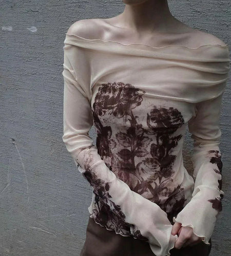 Sexy Woman Tshirts Slash Neck Long Sleeve Tunic Summer Tees Fashion Gauze See Throught Y2k Tops Ruffles Temperament T Shirts