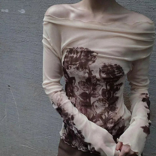 Load image into Gallery viewer, Sexy Woman Tshirts Slash Neck Long Sleeve Tunic Summer Tees Fashion Gauze See Throught Y2k Tops Ruffles Temperament T Shirts
