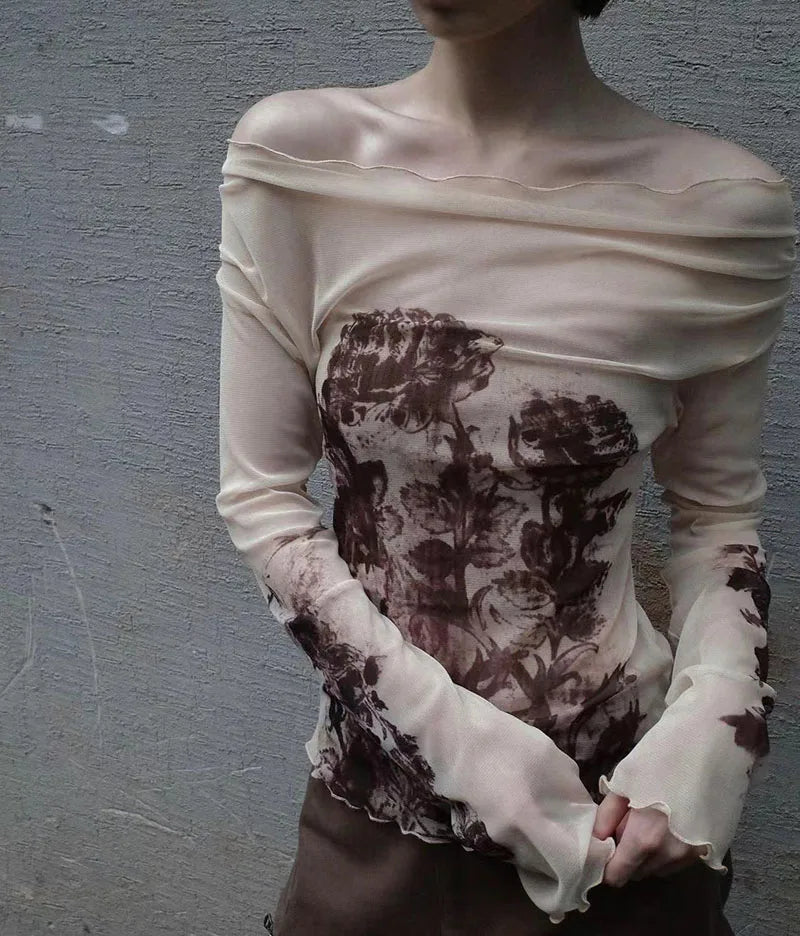 Sexy Woman Tshirts Slash Neck Long Sleeve Tunic Summer Tees Fashion Gauze See Throught Y2k Tops Ruffles Temperament T Shirts