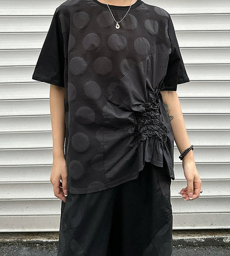 Women Black Dot Jacquard Pleated Big Size T-shirt New Round Neck Short Sleeve Fashion Tide Spring Summer 2025 1DJ1343