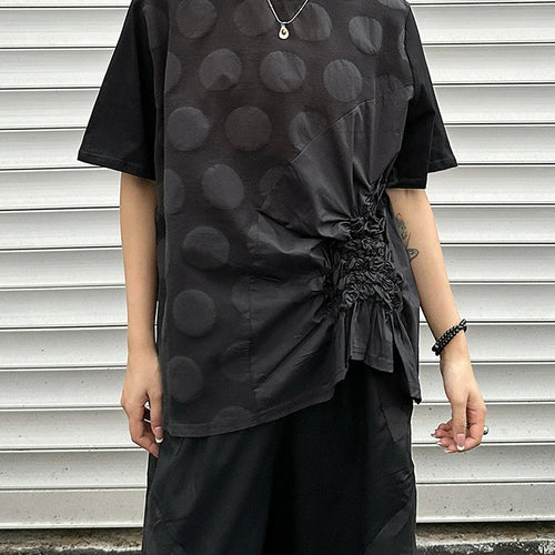 Load image into Gallery viewer, Women Black Dot Jacquard Pleated Big Size T-shirt New Round Neck Short Sleeve Fashion Tide Spring Summer 2025 1DJ1343
