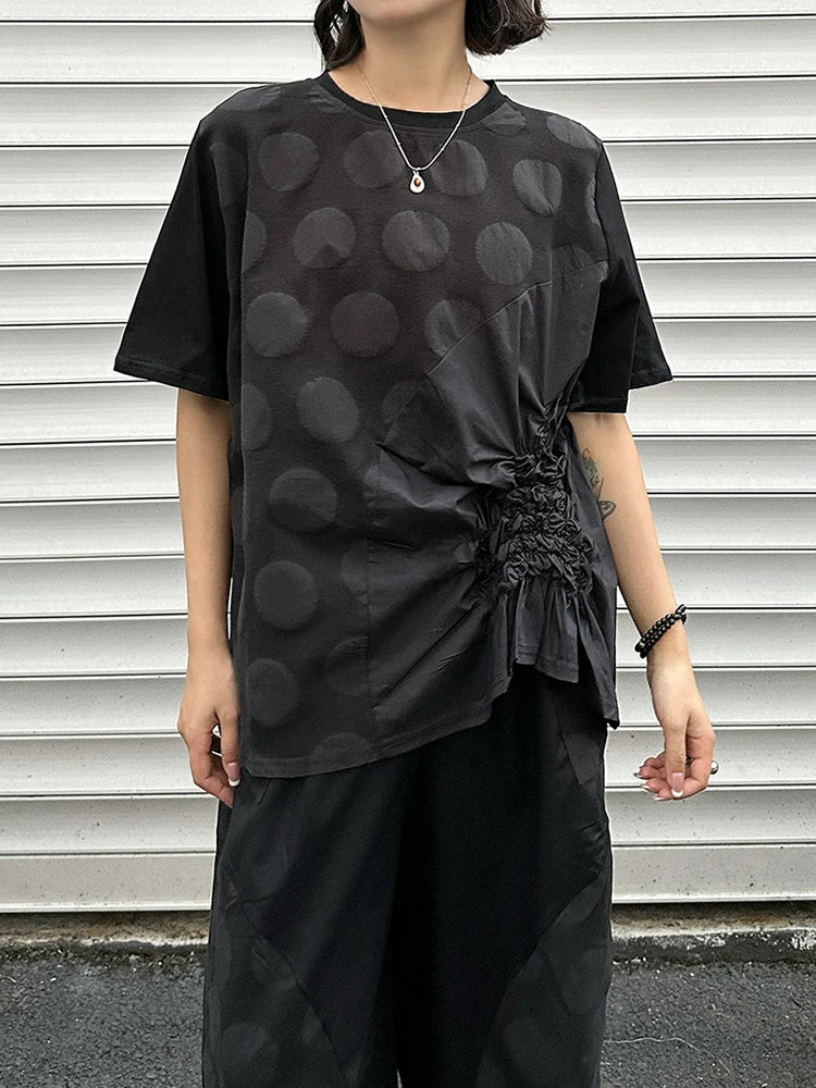 Women Black Dot Jacquard Pleated Big Size T-shirt New Round Neck Short Sleeve Fashion Tide Spring Summer 2025 1DJ1343