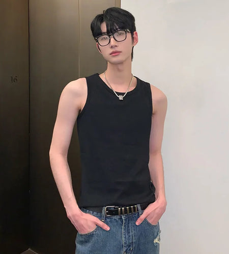 Summer Men's Tank Tops Casual Round Collar Slim Sleeveless Solid Color Male Clothing Simple Vest Fashion 9C6771