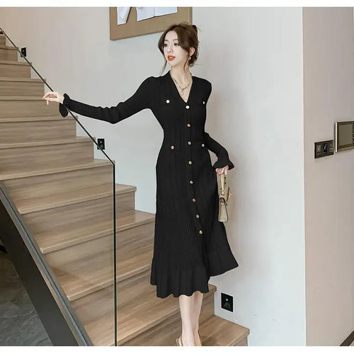 Load image into Gallery viewer, Autumn French Solid V-neck Elegant Ruffles Knit Dress Women Slim Long Sleeve Single Breast Fishtail Dress 2024 New Fashion Trend
