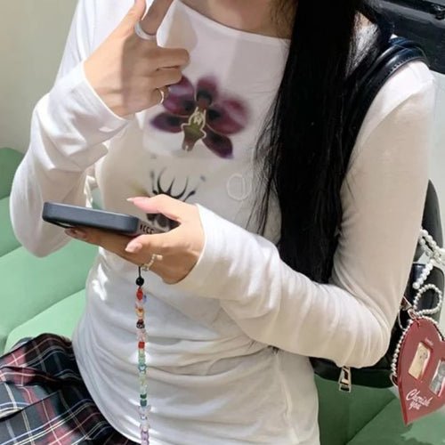 Load image into Gallery viewer, Y2k Aesthetic Flower Printing Casual Tshirts Women Harajuku Slim Fit Embroidery Tees 2025 Spring Grunge Slash Neck Simple Tops
