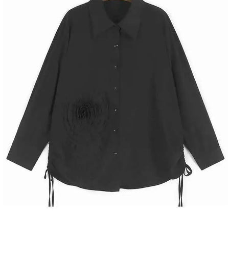 Women Black Flower Drawstring Big Size Casual Blouse New Lapel Long Sleeve Shirt Fashion Tide Spring Autumn 2025 1DH9967