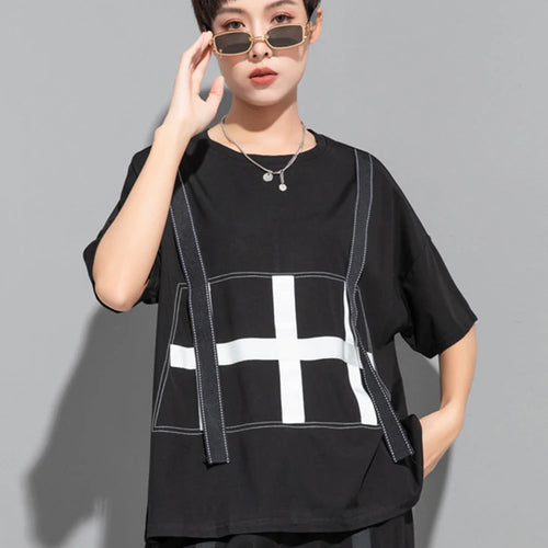 Load image into Gallery viewer, Women Black Color-block Ribbons Big Size T-shirt New Round Neck Short Sleeve Fashion Tide Spring Summer 2025 1DJ1808
