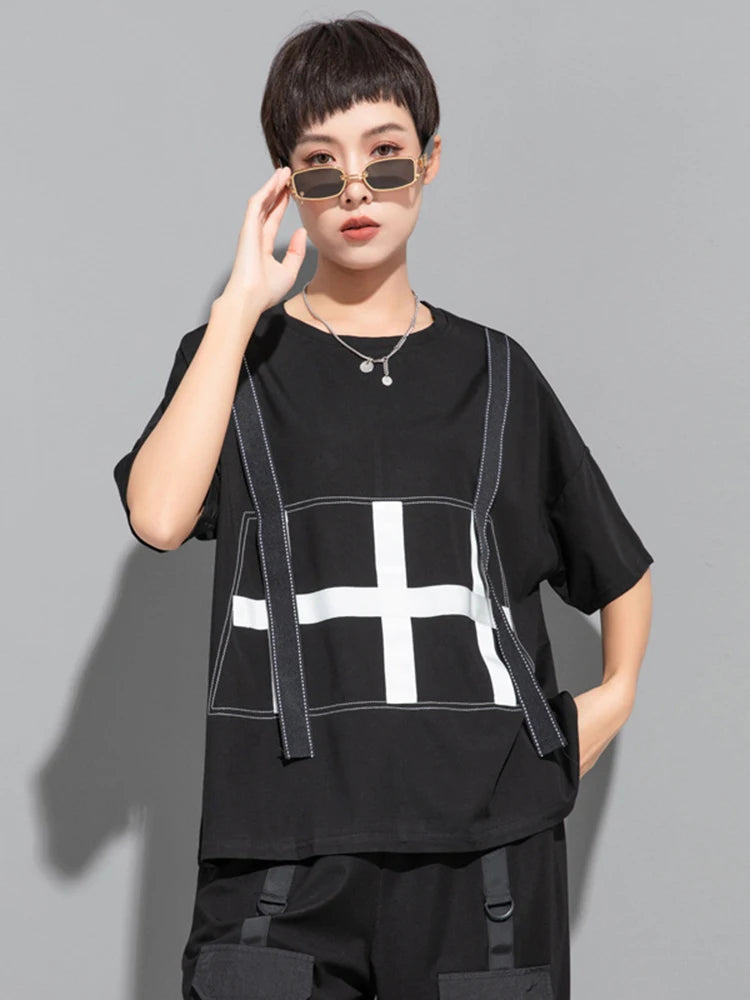 Women Black Color-block Ribbons Big Size T-shirt New Round Neck Short Sleeve Fashion Tide Spring Summer 2025 1DJ1808