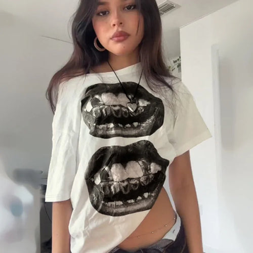 Load image into Gallery viewer, American Street Hip Hop Mouth Print Loose T-shirt Women Personalized Casual Top
