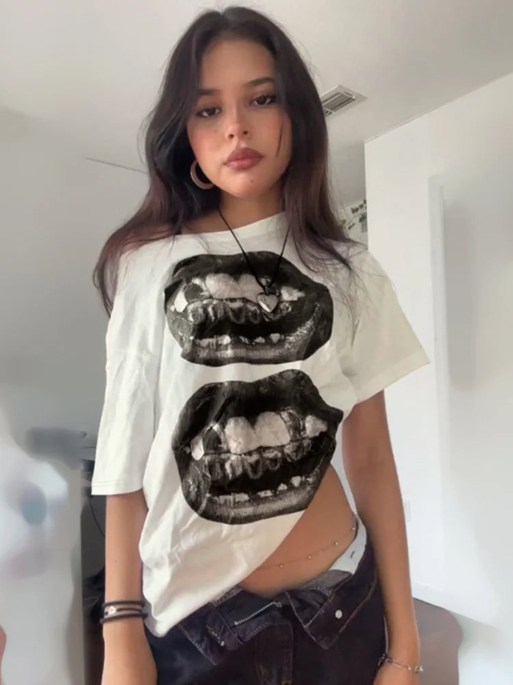 American Street Hip Hop Mouth Print Loose T-shirt Women Personalized Casual Top