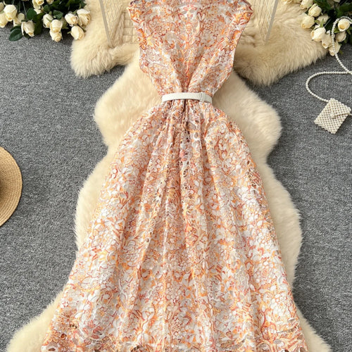 Load image into Gallery viewer, French Women's Orange Blue Crochet Flower Elegant Sleeveless Hollow Out Long Dress Summer Sexy Slim Single Breasted Party Dress
