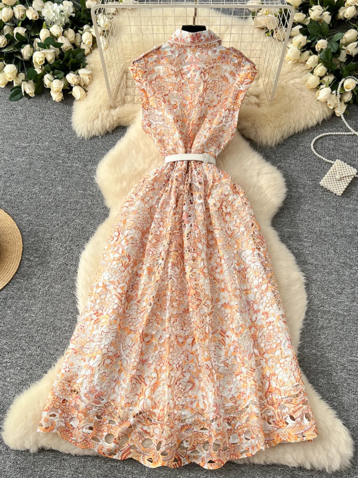 French Women's Orange Blue Crochet Flower Elegant Sleeveless Hollow Out Long Dress Summer Sexy Slim Single Breasted Party Dress