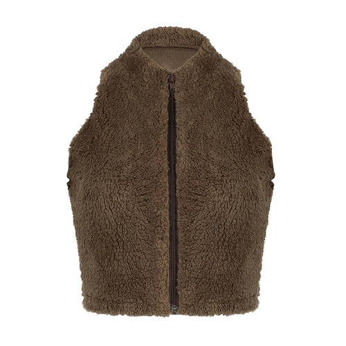 Load image into Gallery viewer, Fluffy Sleeveless Faux Fur Jacket Short Brown Vintage Fashion Y2K Bodycon Vest Jacket Zip-Up Coat Autumn Warm Outwear
