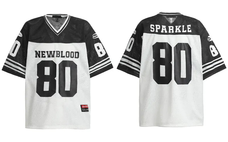 Vintage Mesh Jersey T-Shirt Y2K Graphic Printed Patchwork Sports V-Neck Tshirt Streetwear Hip Hop Harajuku Breathable Urban Top