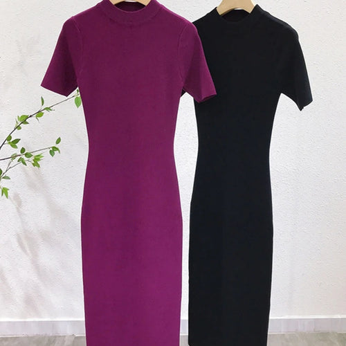 Load image into Gallery viewer, High Quality Soft Knit Dresses Korean Half Turtleneck Short Sleeve Vestidos Femme Vintage Slim Basics Dresses C-150
