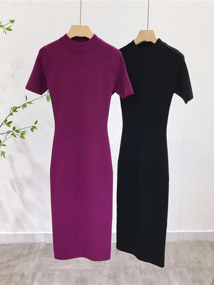 High Quality Soft Knit Dresses Korean Half Turtleneck Short Sleeve Vestidos Femme Vintage Slim Basics Dresses C-150