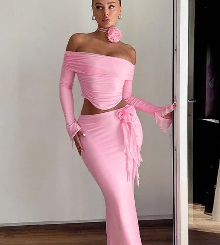 Winter New Sexy Long Sleeved Half Skirt Set For Woman 3D Flower Slim Tight Long Skirt Party Evening Dress Two Piece Set