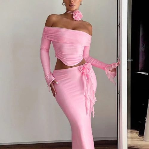 Load image into Gallery viewer, Winter New Sexy Long Sleeved Half Skirt Set For Woman 3D Flower Slim Tight Long Skirt Party Evening Dress Two Piece Set
