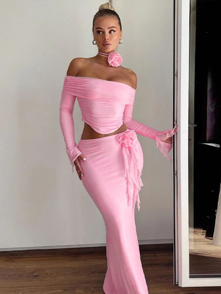 Winter New Sexy Long Sleeved Half Skirt Set For Woman 3D Flower Slim Tight Long Skirt Party Evening Dress Two Piece Set