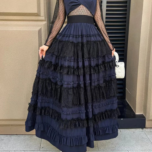 Load image into Gallery viewer, Elegant Spliced Mesh Dresses For Women V Neck Long Sleeve High Waist Patchwork Ruffles Long Dress Female Clothes
