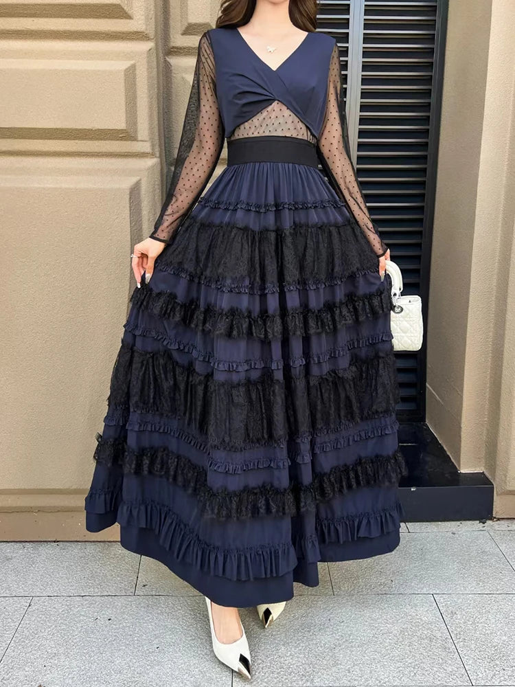 Elegant Spliced Mesh Dresses For Women V Neck Long Sleeve High Waist Patchwork Ruffles Long Dress Female Clothes