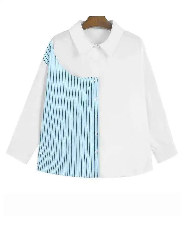 Women Black Striped Spliced Big Size Casual Blouse New Lapel Long Sleeve Shirt Fashion Tide Spring Autumn 2025 1DH6908