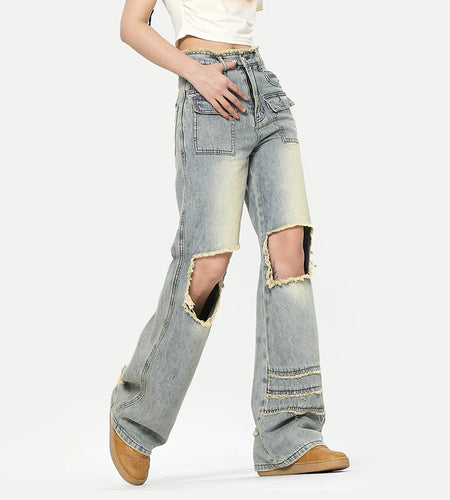 Men's Jeans New American Style Hole Design Personality Graident Color Straight Leg Stylish Male Summer Trousers 9W1967