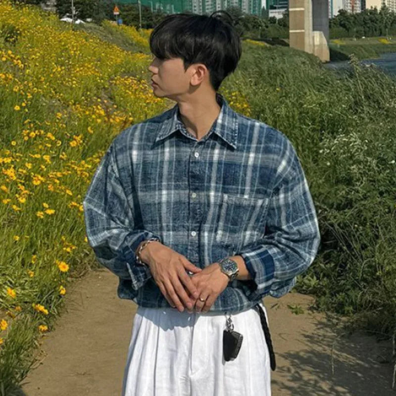 Men's Long Sleeve Shirts Plaid Male Spring Loose Single Breasted Casual Top Korean Trendy Lapel Clothing Tide 9W1486