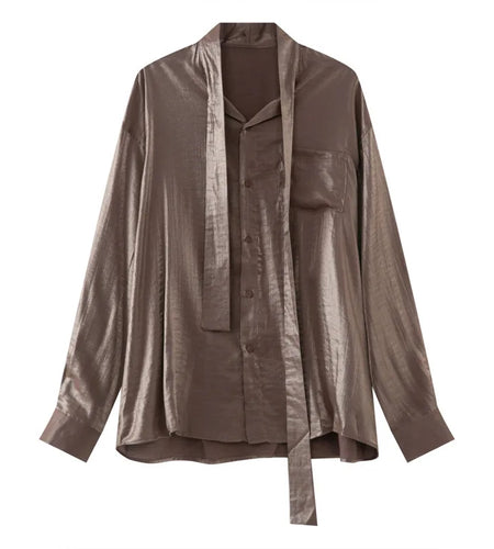 Stylish Men's Shirts Stand Collar Solid Color Tie Design Drape Pocket Single Breasted Loose Male Long Sleeve Tops 9W1185