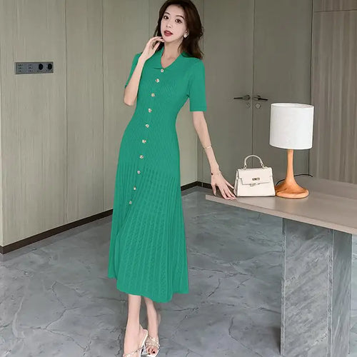 Load image into Gallery viewer, Summer 2024 New Women's Black Beige Single Breasted Knitted Long Dress Green Elegant Office Lady Short Sleeve Pleated Dress Chic
