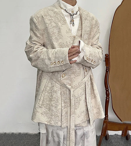 Chinese Style Men's Suit Jackets Linen Jacquard V-neck Double Breasted Lace-up Chic Button Loose Male Autumn 9C8869