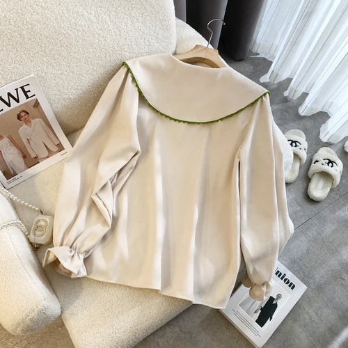 Load image into Gallery viewer, 2024 Autumn Winter Women Beige Patchwork Shirt White Long Sleeve Cute Doll Collar Blouse Female Versatile Preppy Style Tops Chic
