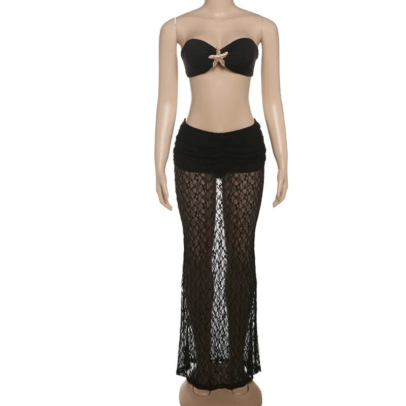 Strapless Sexy Tops And Skirt 2 Pieces Sets Wome Lace Sleeveless Crop Tops And See Through Long Skirt Two Pieces Sets