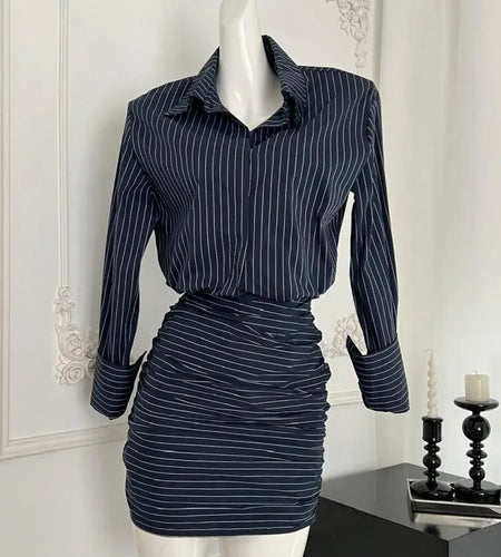 Women's Autumn Blue Striped Long Sleeved Shirt Short Dress Korean Fashion High Waist Office Lady Pleated Mini Dress Trend Casual