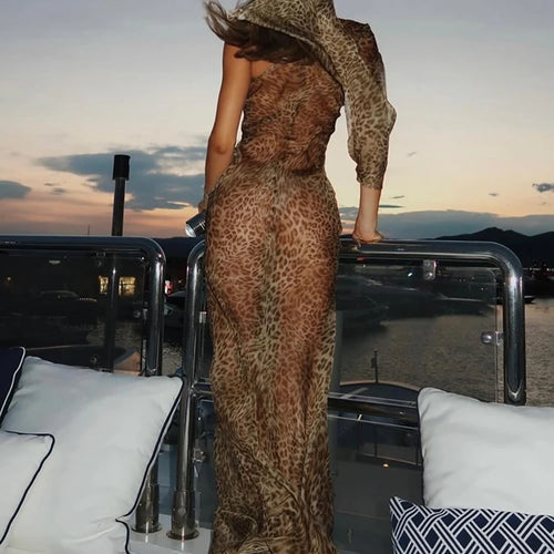 Load image into Gallery viewer, One Shoulder Leopard Print Maxi Dress Women Inclined Shoulder Backless Beach Holiday Vacation Club Sexy Long Dress
