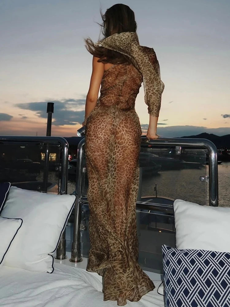 One Shoulder Leopard Print Maxi Dress Women Inclined Shoulder Backless Beach Holiday Vacation Club Sexy Long Dress