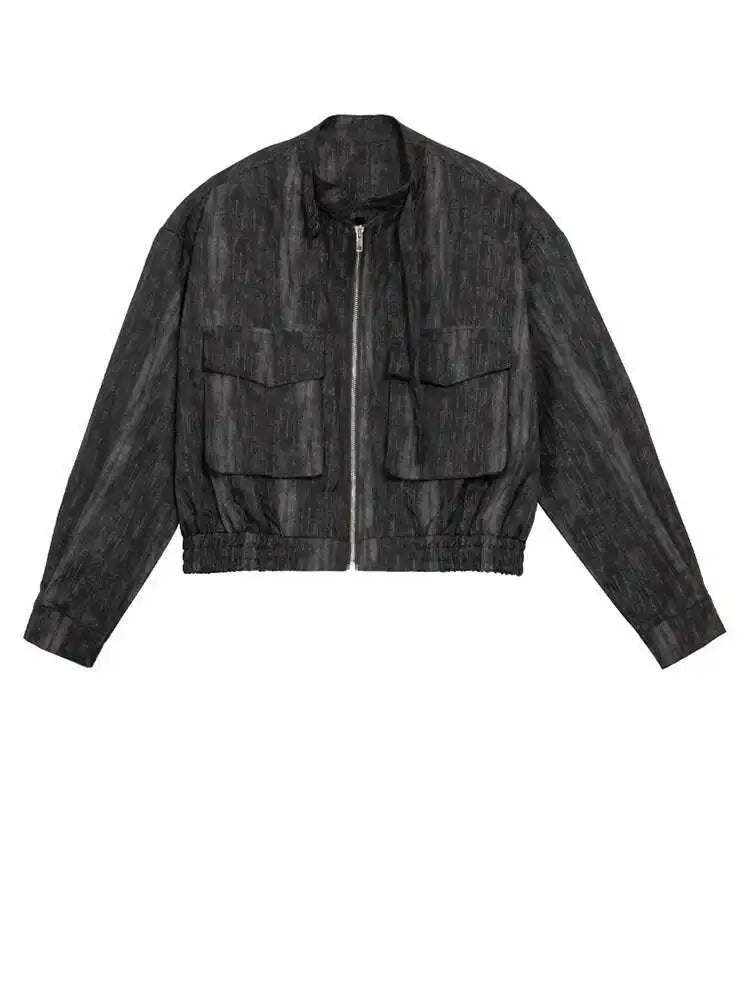 Black Big Size Pocket Short Casual Jacket New Stand Collar Long Sleeve Women Coat Fashion Tide Spring Autumn 2025 1DH8223