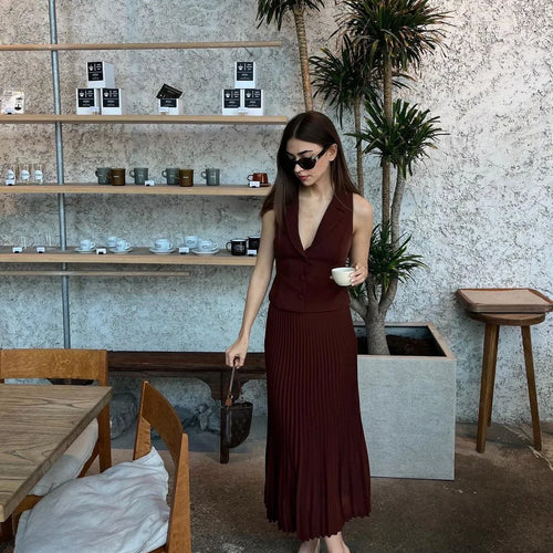 Load image into Gallery viewer, Fashion Skirt Two Piece Sets Women Notched Collar Sleeveless Crop Tops And Midi Skirt Femme Elegant Pleated Skirt Sets
