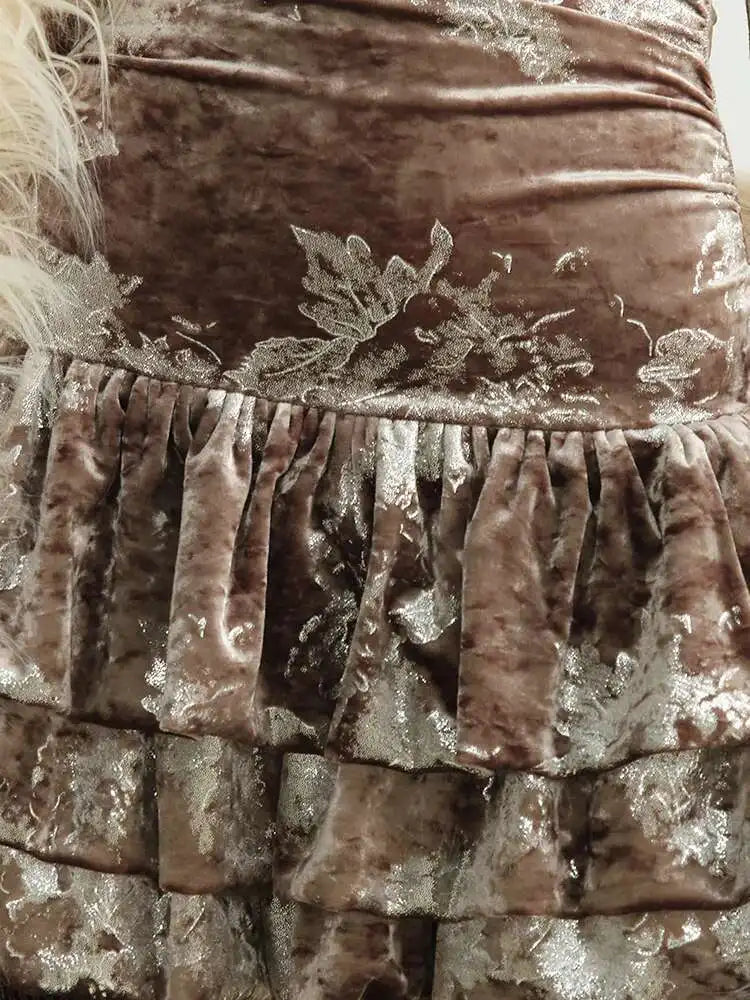 Women Apricot Silver Velvet Elegant Ruffles Mini Dress New Round Neck Sleeveless Fashion Tide Spring Autumn 20251DH8264