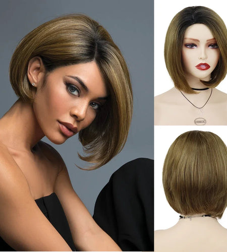 Short Womens Bob Wigs,Ombre Brown Color Wig with Dark Roots,Heat Resistant Synthetic Fiber,Natural Short Wig for Woman