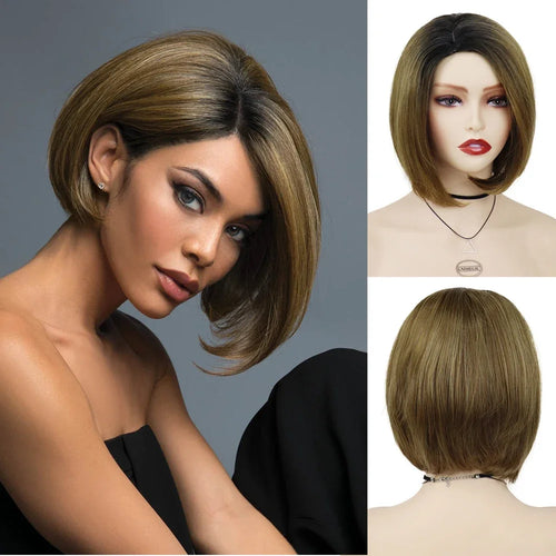 Load image into Gallery viewer, Short Womens Bob Wigs,Ombre Brown Color Wig with Dark Roots,Heat Resistant Synthetic Fiber,Natural Short Wig for Woman
